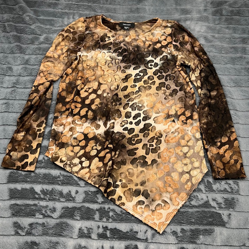 Karen Kane Women Brown Leopard Print Burnout Asymmetrical Sharkbite Hem Top S